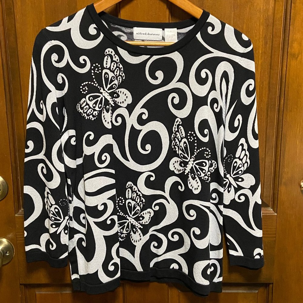 Alfred Dunner Vintage Women's 3/4 Sleeve Butterfly Top Black & Gray